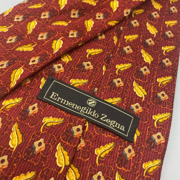 Ermenegildo Zegna Red‎ Gold Leaves Tie 100% Silk Necktie Made in Italy - Picture 8 of 9